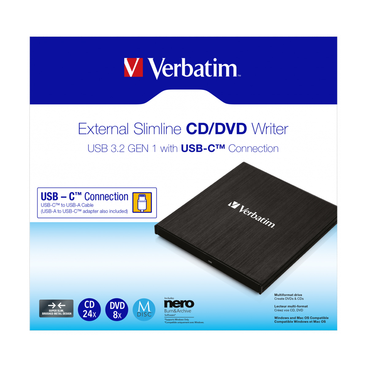Verbatim External SlimLine CD-DVD Writer-Reader, USB 3.2 - 43886