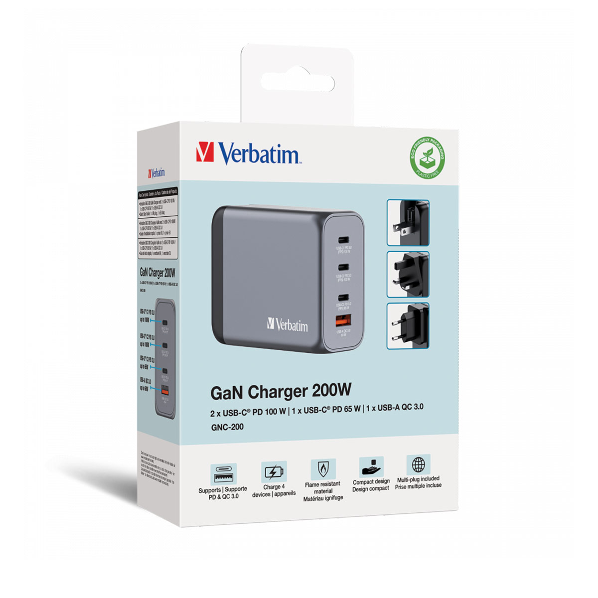 Verbatim GNC-200 GaN Charger 4 Port 200w USB AC (EU UK US)