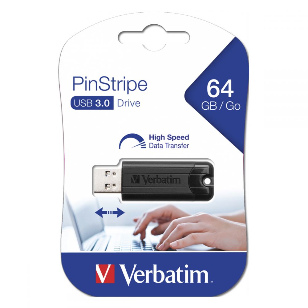 VERBATIM USB DRIVE 3.0 64GB PINSTRIPE BLACK 49318